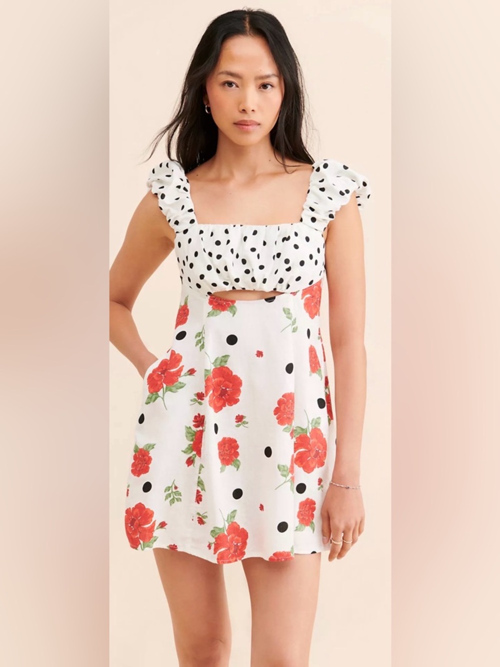Free People Mixed Print Bom Bom Mini Dress Polka Dot Floral Cottagecore Size M - Picture 2 of 9